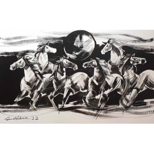 Mashkoor Raza, 30 x 48 Inch, Oil on Canvas, Horse Painting, AC-MR-534